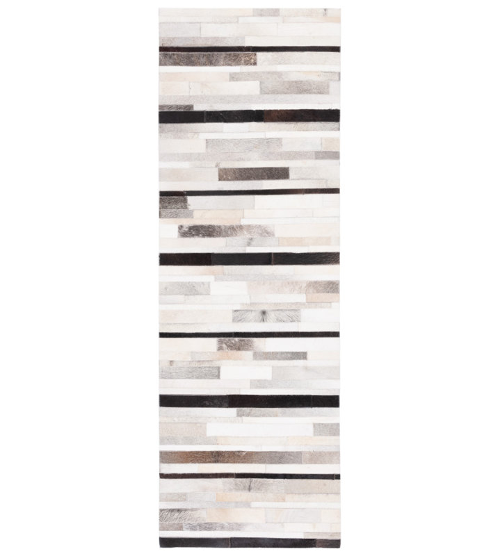 Tapis abstrait noir / ivoire en cuir tissé à la main Shadle, Tapis de couloir 2 pi 3 po x 7 pi