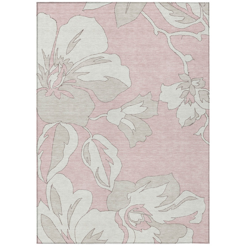 3' X 5' Ivory And Beige Floral Washable Indoor Outdoor Area Rug