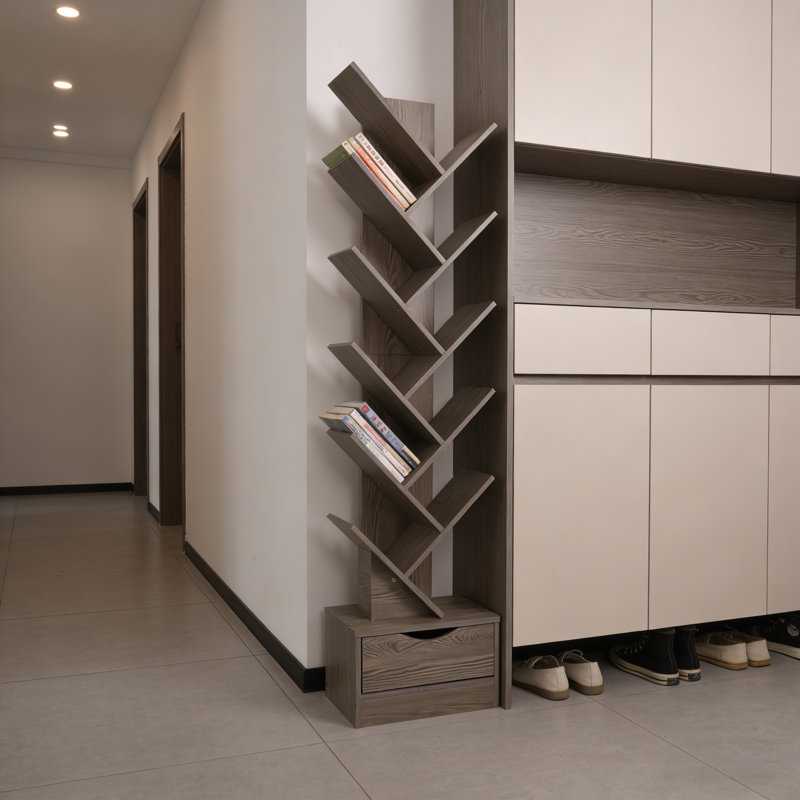Modern 6-tier Tree-shaped Wood Bookcase With Drawer, Freestanding Open Shelf Storage Unit
