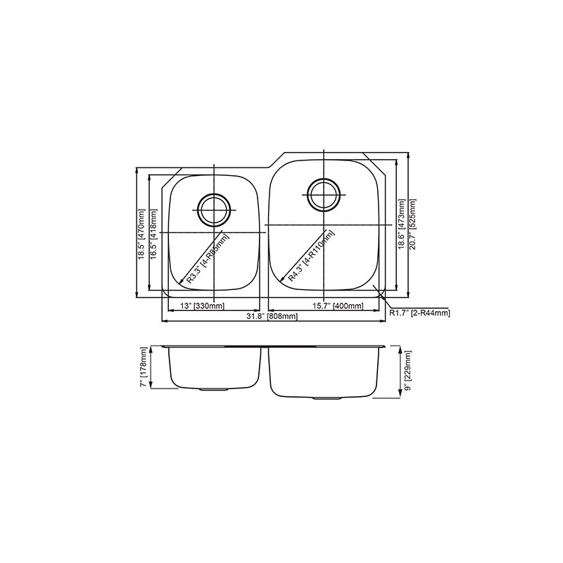 Undermount Standard Radius 32"x18" Kitchen Sink 40/60 Double Bowl 18 Gauge