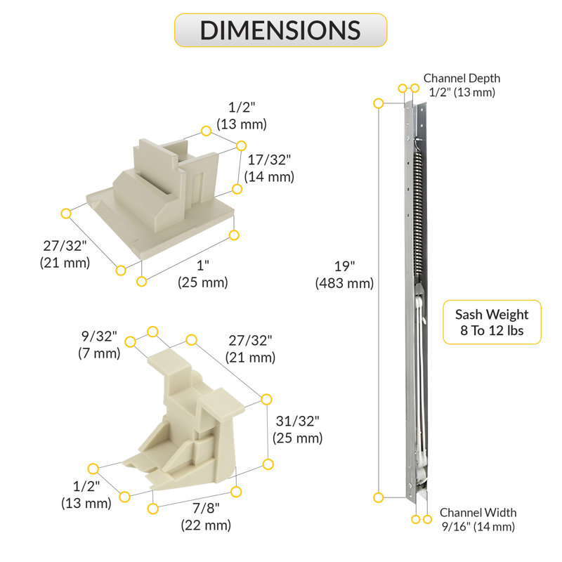 0E221C0983D64C9C91499819006E8AAA Balance de glissière de fenêtre 19 po de longueur de canal 1/2 po de profondeur de canal 8 à 12 lb Capacité de poids avec des guides de châssis supérieur 60-595a et inférieur 60-596a