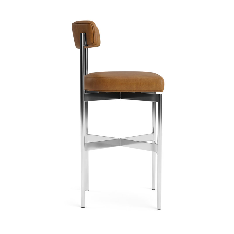Remy Leather Bar Stool, Polished Stainless Steel, Bedford - Saddle, Bar Stool (31” Seat Height)