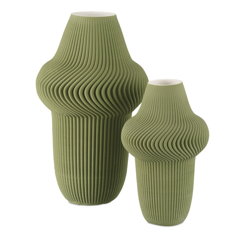 Green Plisse Vase, 14.25" H x 8.5'' W x 8.5'' D