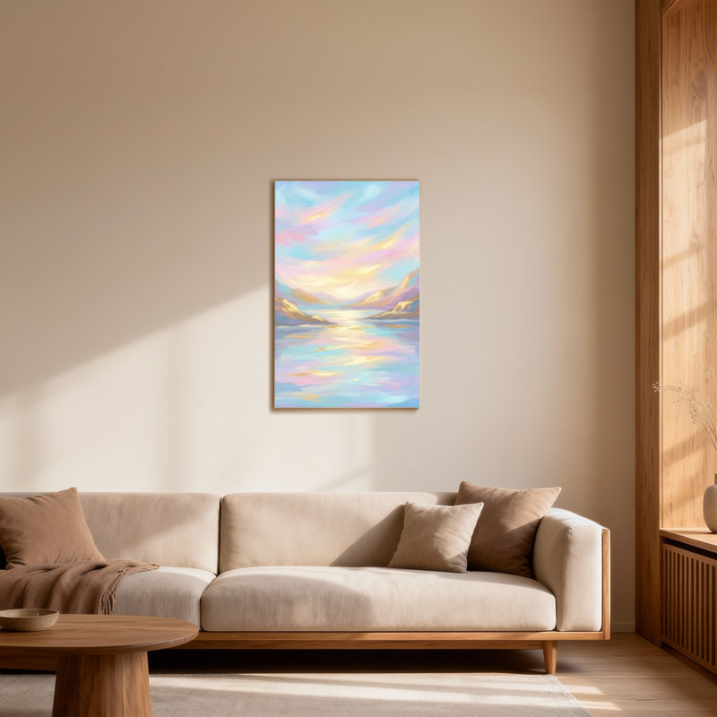 Abstrait, ciel pastel, montagne, lac, reflet, coucher de soleil, H 30 po x l 20 po
