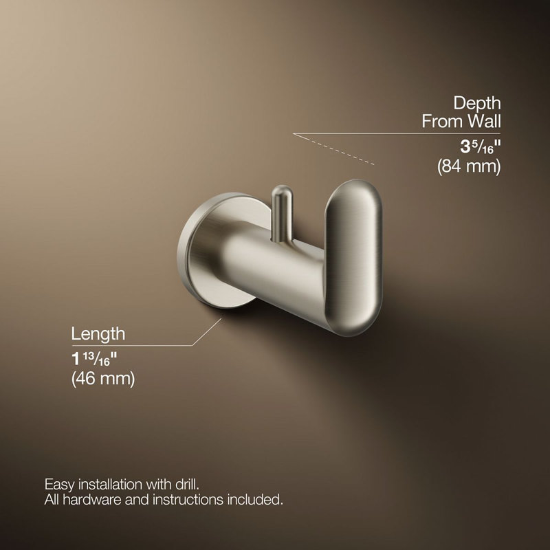Kumin Wall Mounted Robe Hook, Vibrant Brushed Nickel