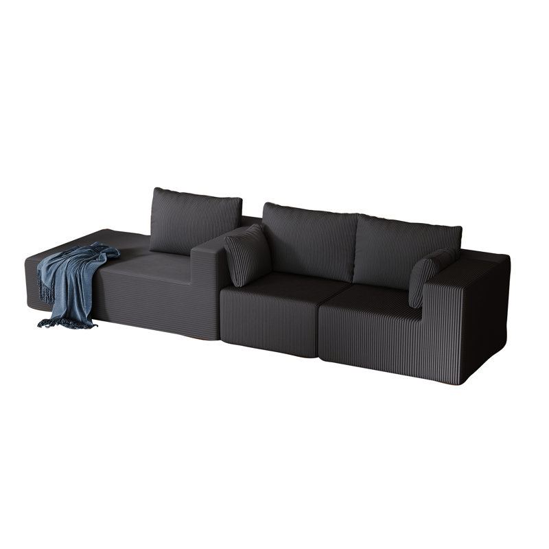 Sectional Foam Couch For Living Room, 108.3" With Dark Grey Corduroy Chaise Lounge, High Elastic Sponge, Freely Combined, 800Lbs Weight Capacity Room , Corduroy,