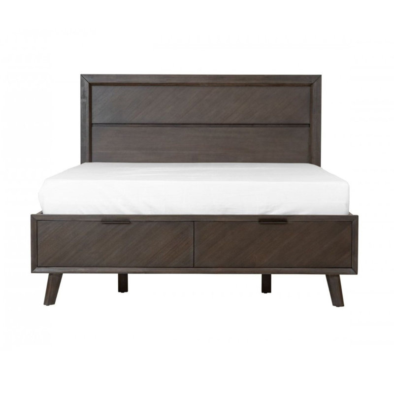 Cid Vein Queen Size Platform Bed, Panel Headboard, 2 Drawers, Brown Acacia, Queen
