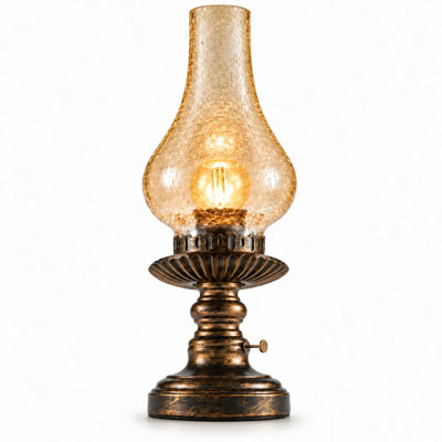 Lampe de table vintage sans fil rechargeable de 40 cm de haut avec abat-jour en verre ambré et variateur tactile.