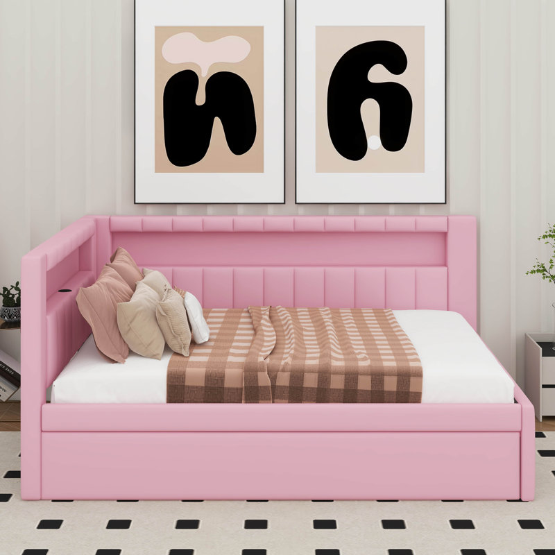 Full Platform Bed With USB Ports, LED Belt And Trundle, Pink