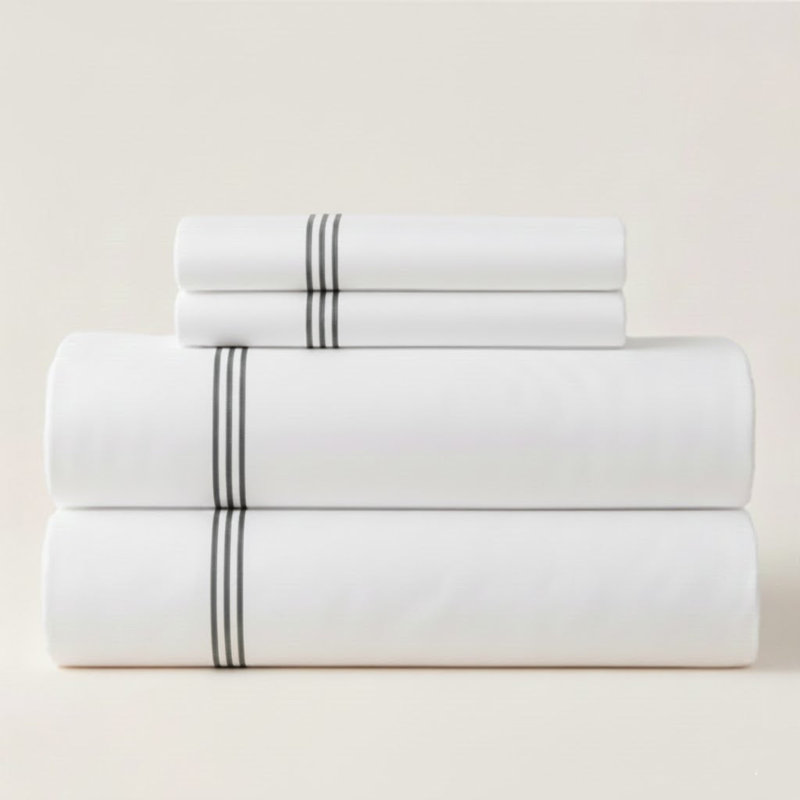 500TC Cotton Triple Embroidery Sateen Solid Cotton 4 Piece Sheet Set Fitted Sheet Fits Upto 16" Deep Pocket, Dark Gray Border