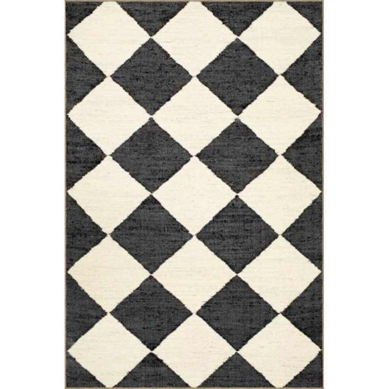 Black Cream Checkered Geometric Woven Base Washable Carpet, Rectangle 4'8" x 6'7"