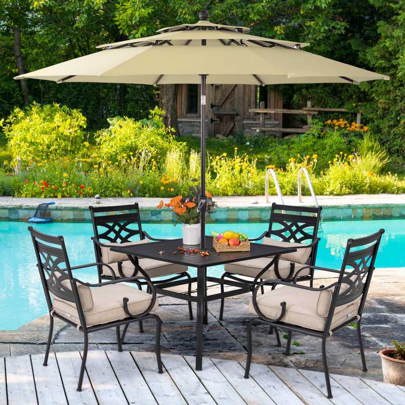 Leonard 4 - Person Patio Dining Set with Square Table , Cushions Included, Beige, Yes