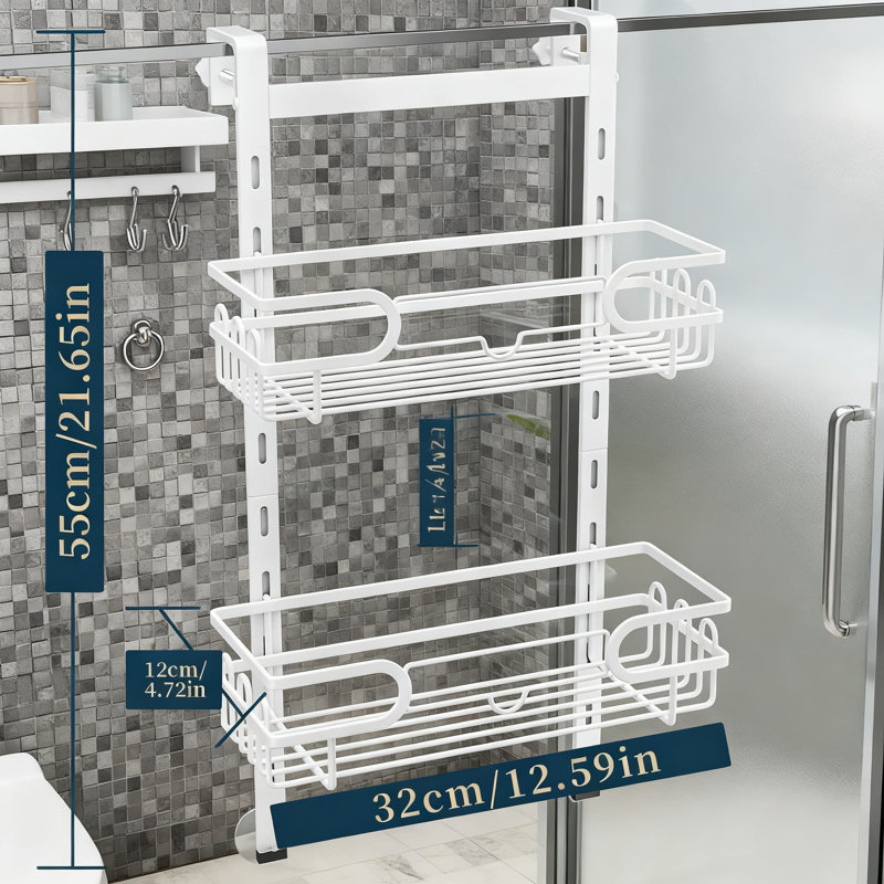 Serviteur de douche au-dessus de la porte avec 12 crochets, tablette de rangement de douche suspendue à 2 niveaux réglable pour le rangement dans la salle de bain, installation facile sans perçage requis