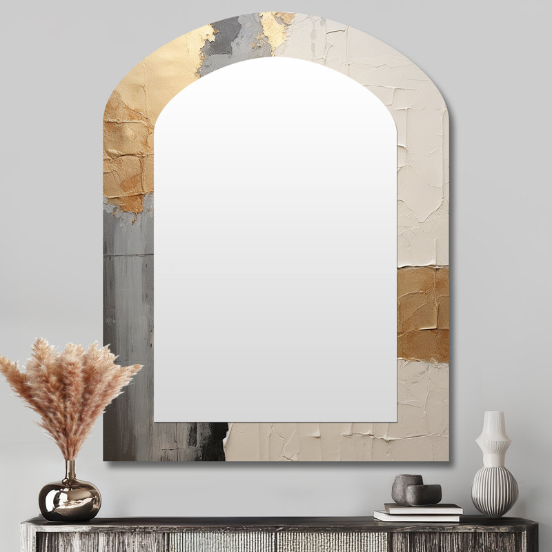 Gold And Beige Paint Fusion - Abstract Painting Asymmetrical Wall Mirror, Beige Arch Decorative Mirror, Printed Metal Art