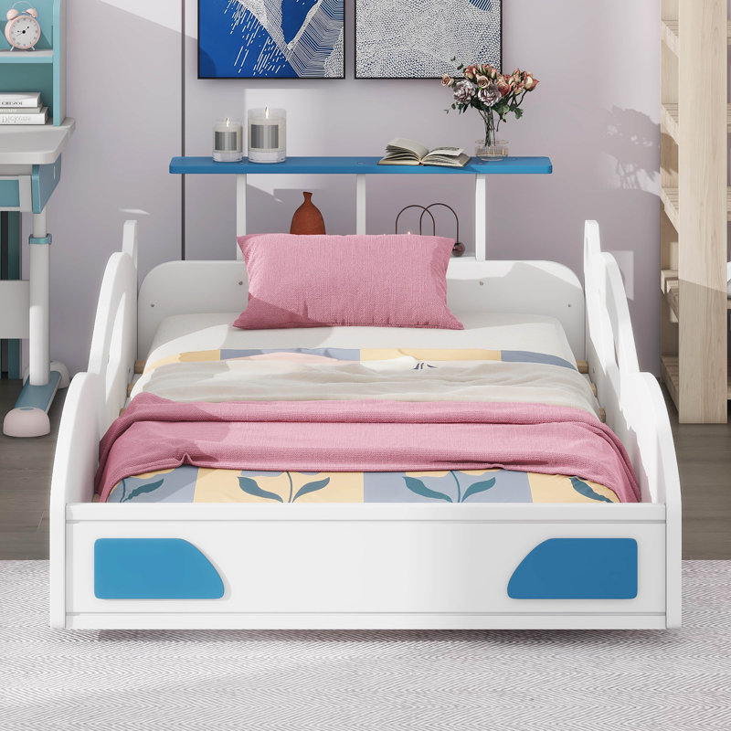 Twin Wooden Race Car Bed – Car-Shaped Platform Bed With Wheels, White/Blue