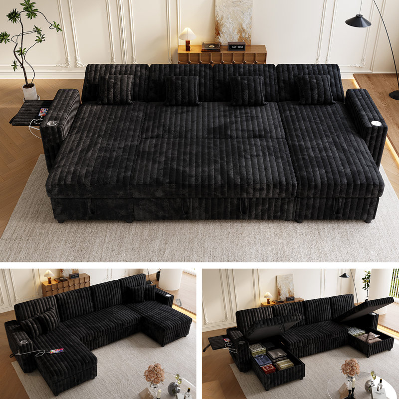 122" U-Shaped Sleeper Sofa with Pull-Out Bed & Double Storage Chaise, Corduroy Oversized Sectional Couch for Living Room, Black
