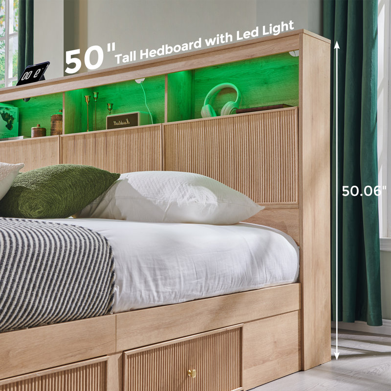 Bed Frame with Storage Headboard, LED Lights/Storage Headboard Charging Station, Modern 4-Drawers with Fluted King Size Wood Platform Bed Frame
