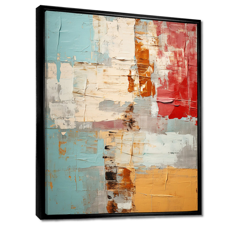 «Nostalgia In Blue Red Orange - Abstract Collages», art mural, Toile avec cadre flottant noir, H 40 po x l 30 po x P 1,5 po