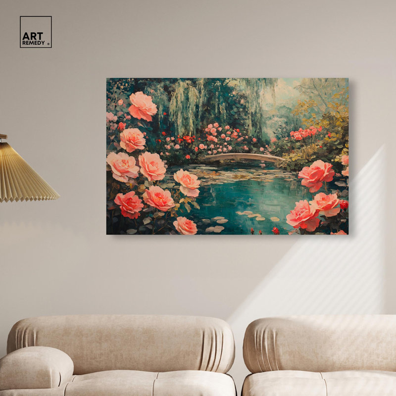 «Rose Garden Bridge II», toile, paysage classique par Art Remedy, H 30 po x l 45 po, Toile tendue avec châssis