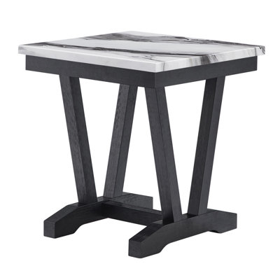 Élégante table de bout en faux marbre avec base à double piédestal et côtés en forme de V, parfaite pour les espaces de vie modernes et élégants.