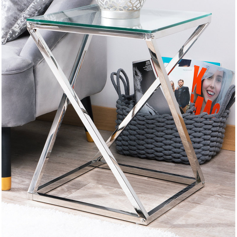 Salcombe Glass Top Cross Legs End Table, Silver