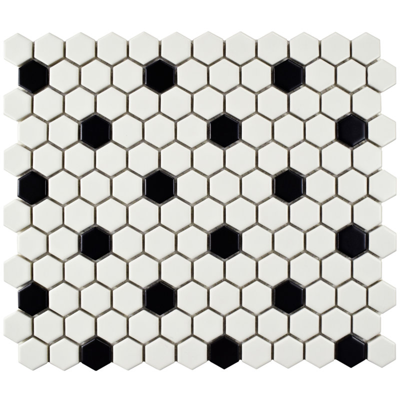 Metro 1" Hex Matte White with Black Dot 10-1/4" x 11-7/8" Porcelain Mosaic Tile