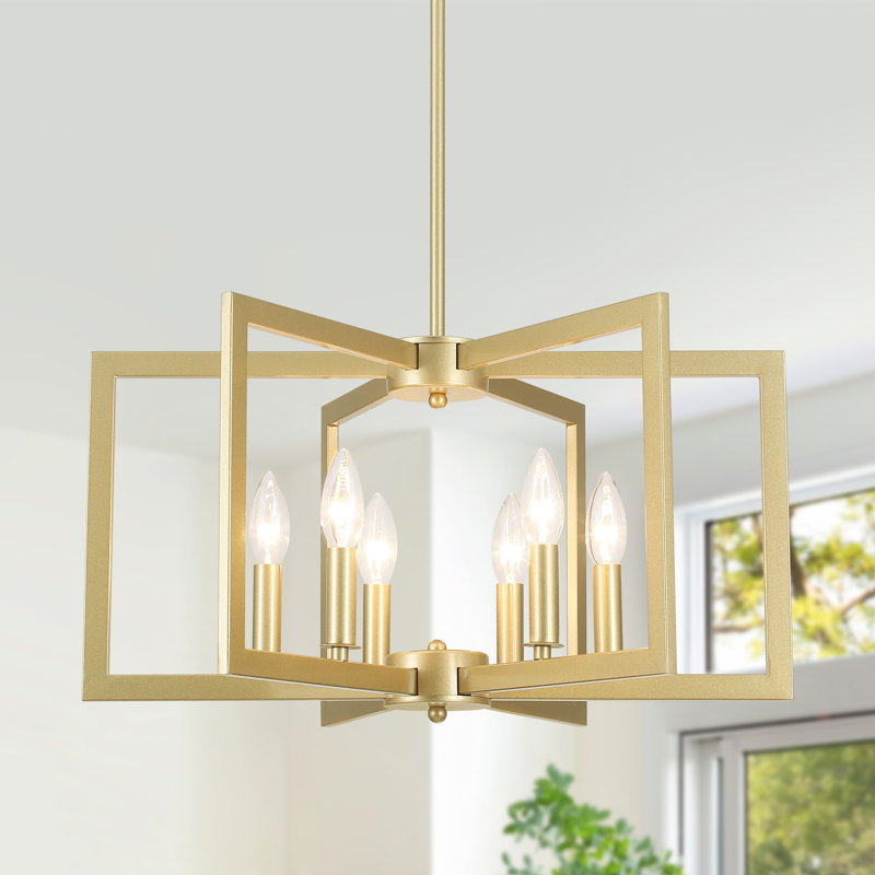 Lustre style lanterne carrée / rectangulaire à 6 lumières style bougie de style campagnard, Doré, Six lumières