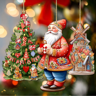 3 Piece Denmark-Inspired Santa Wooden Ornaments
