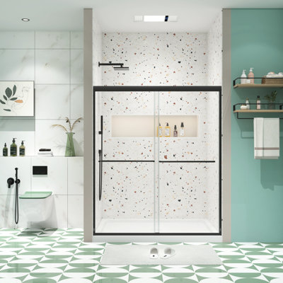 Porte de douche coulissante Bypass, 50 - 54 po x 70 po, verre trempé 1/4 po, noir mat, verre transparent avec traitement Nano Easy Clean, film anti-explosion, poignée coulissante confortable en acier inoxydable mat, fuite, lisse