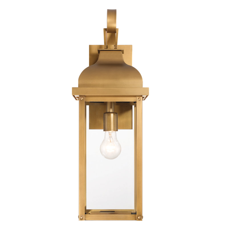 Applique murale d'extérieur 1 lumière Madrid - Abat-jour en verre transparent, H 17,5 po x l 6 po x P 6,75 po, Laiton vieilli
