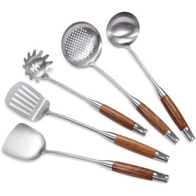 5-Piece Wooden Handle Stainless Steel Cooking Utensil Set - Includes Slotted Spoon, Wok Spatula, Slotted Spatula, Soup Ladle & Spaghetti Server - Durable, Heat-Resistant Kitchen Tools