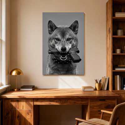Portrait d'animaux loup tenant un fusil dans la bouche