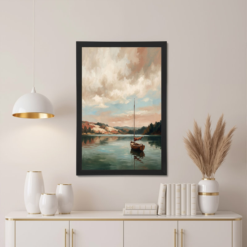Voilier en bois sur un lac avec Rolling Hills, art mural sur toile, H 18 po x l 24 po