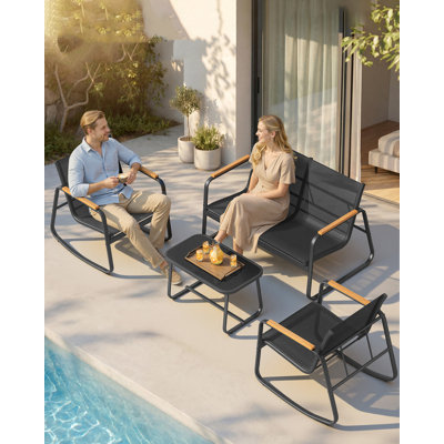 Outdoor Rocking Chair Set, 4-Piece Conversation Patio Furniture With Table, Steel Frame, Armrests, Black