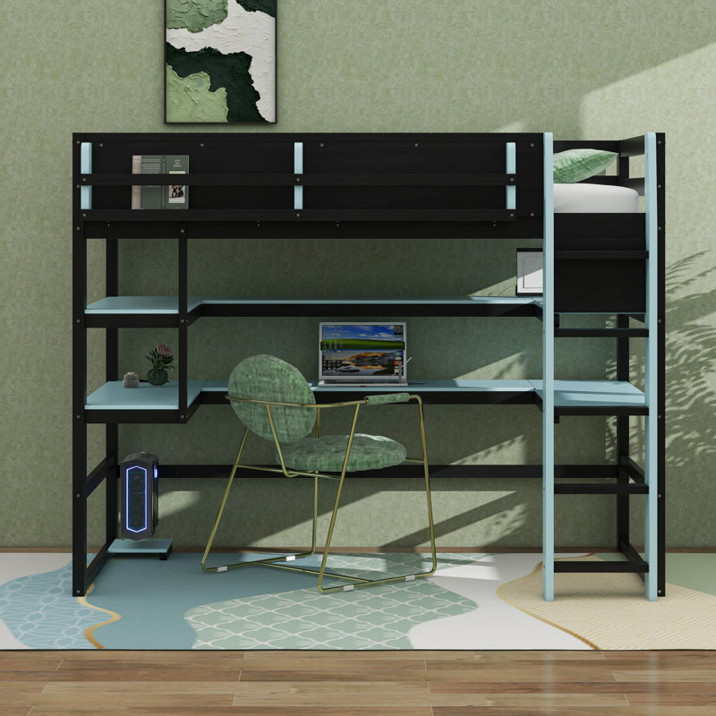 Lit mezzanine Gaming avec bureau et bandes lumineuses RVB, lit mezzanine en bois massif avec support de rangement latéral, multi-tablettes