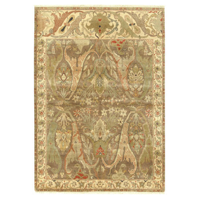 Hand Knotted Wool Oriental Area Rug in Brown And Ivory