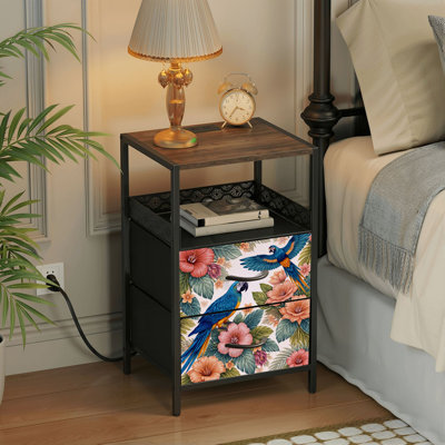 2 Drawers Nightstand with Charging Station, Bedroom Nightstand with USB Ports & Outlets Open Shelf Black, night stand with Seamless all tropical exotic flowers leaves Parrot Print