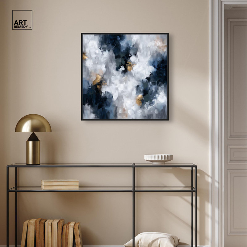 «Midnight and Ivory I», art mural abstrait sur toile , H 25 po x l 25 po, Cadre flottant noir