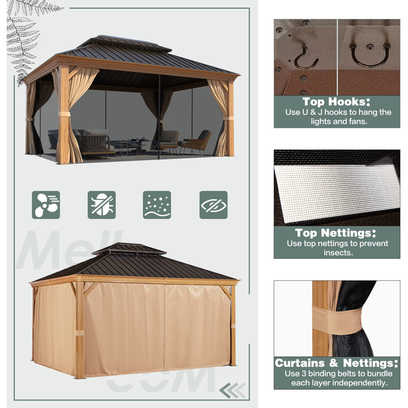 12 ft. W x 14 ft. D Aluminum Patio Gazebo with Double Roof – Wood-Grain Finish, Galvanized Steel Hardtop, Curtains & Netting – Permanent Outdoor Pavilion