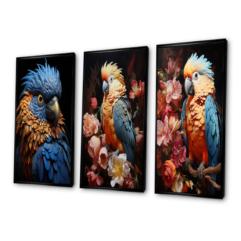 Plumage mystique bleu et jaune - Rhapsodie tropicale - ensemble de 3 décorations murales de perroquets, Cadre flottant noir