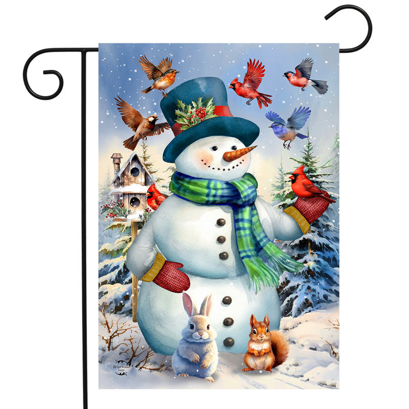 Drapeau de jardin bonhomme de neige et oiseaux, Noël blanc et bleu marine