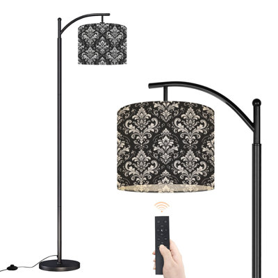 Lampe sur pied à arc avec abat-jour réglable Élégant ornement damassé blanc noir Flourish 3 lumières sur pied à intensité variable avec télécommande, ampoule DEL incluse et abat-jour en métal