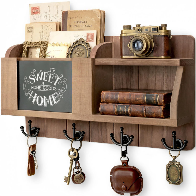 Porte-clés et porte-courrier de ferme pour mur - Organisateur de courrier avec tableau noir et 4 crochets - Rustic Home Decor