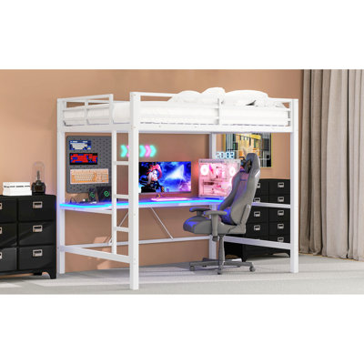 Full Size Gaming Bed With Metal Loft And Led Desk , White - , Functional, Safe Design Desk, Strong Frame, Convenient Storage