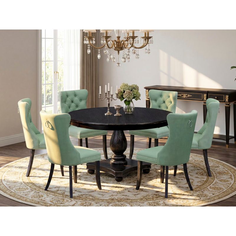 Ensemble de 7 pièces comprenant une table ronde de 54 po avec piédestal et 6 chaises rembourrées en tissu de polyester vert saule, noir sablé