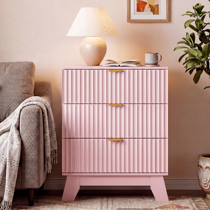 Fluted 3 -Drawers Dresser For Bedroom With Dresser Organizer, 23.6''W Wood Wide Chest of Drawers ,Nightstand, Pink