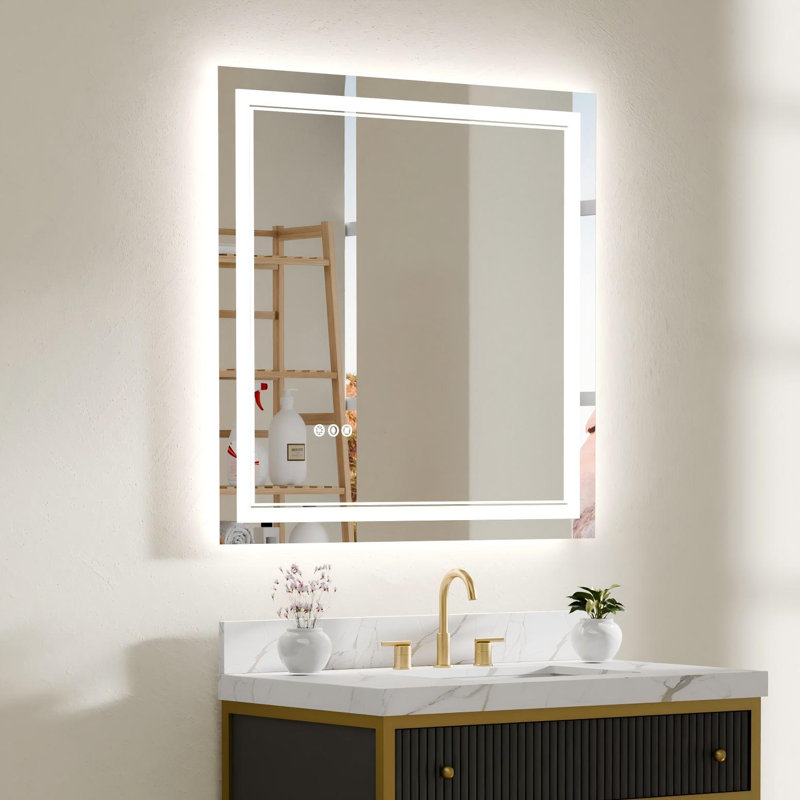 Miroir de salle de bain 36 po x 36 po à DEL à deux lumières à l'avant et à l'arrière, gradateur continu et réglable en option, anti-buée à arrêt automatique de 60 minutes, mémoire d'alimentation, compatible avec branchement ou câblé, fixation à fermeture éclair, meuble-lavabo en verre trempé certifié ETL de 5 mm Miroir