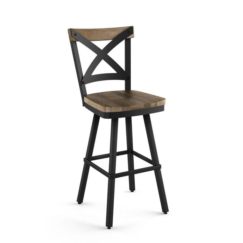 Kirsten Solid Wood Seat Swivel Counter & Bar Stool, Bar Stool (29.3" Seat Height), Beige Wood/Black Frame