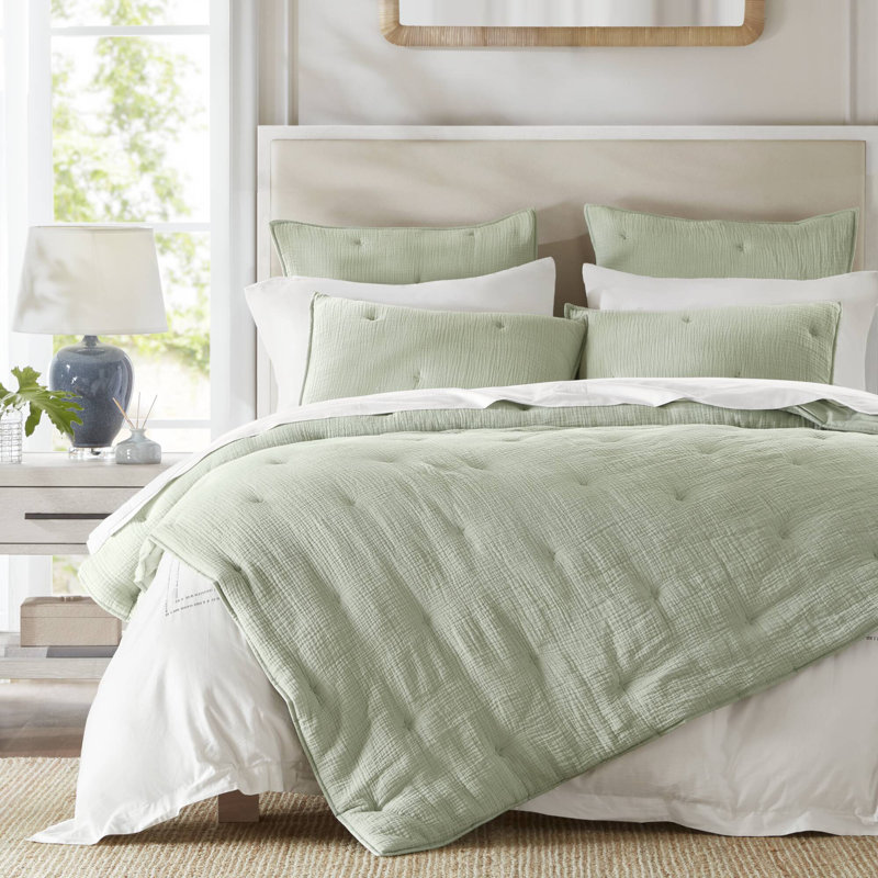 Breeze Cotton Gauze  Embroidered Quilt Set, Sage, Full/Double Quilt + 2 Standard Shams