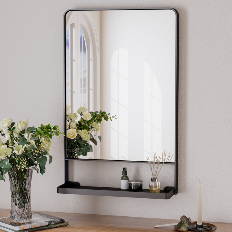 Tillymae Vertical Rectangle Wall Mirror with Shelves , Black, 27.6" x 18"